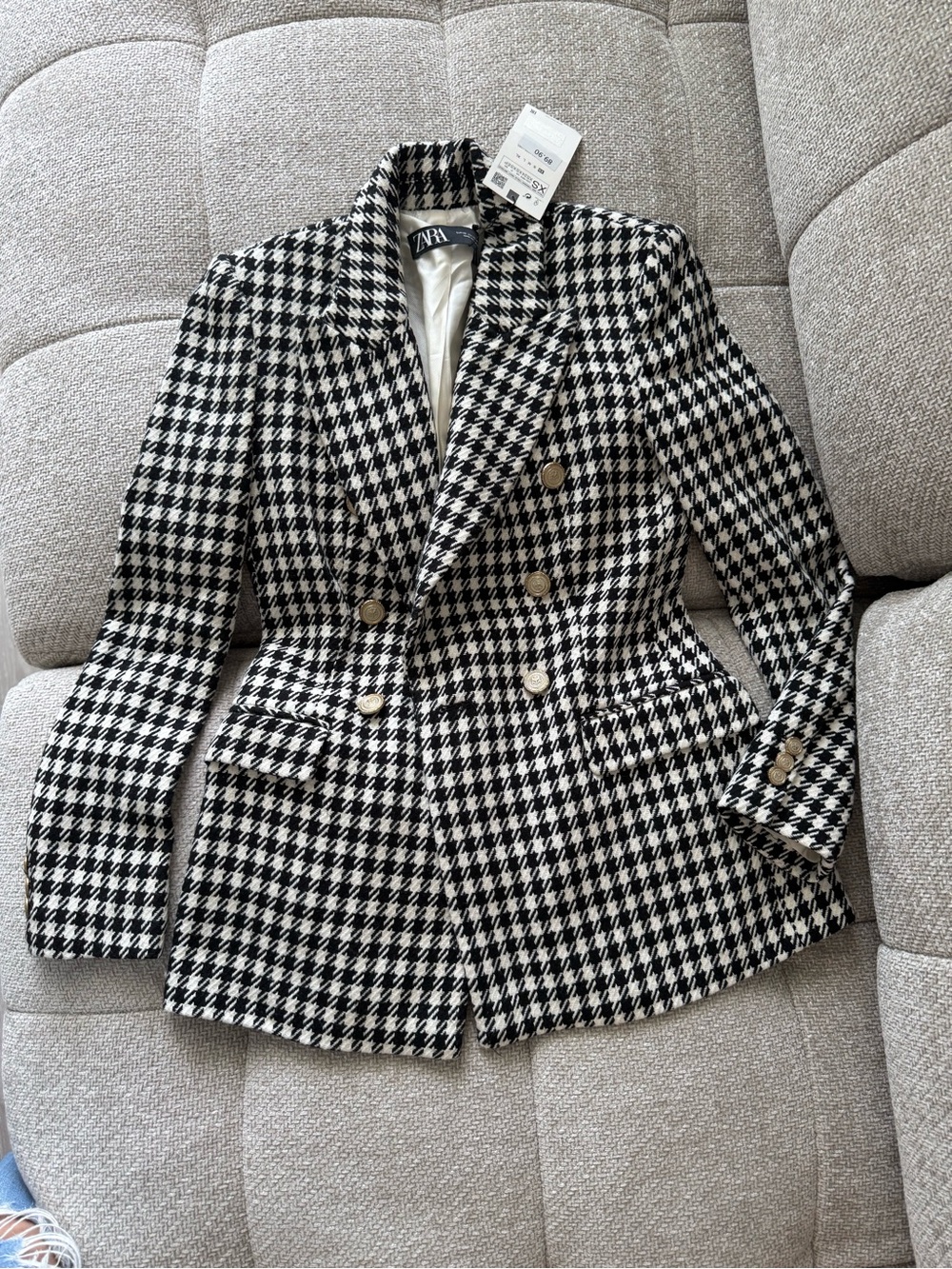 Zara Black & White Houndstooth Double-Breasted Blazer with Gold Buttons